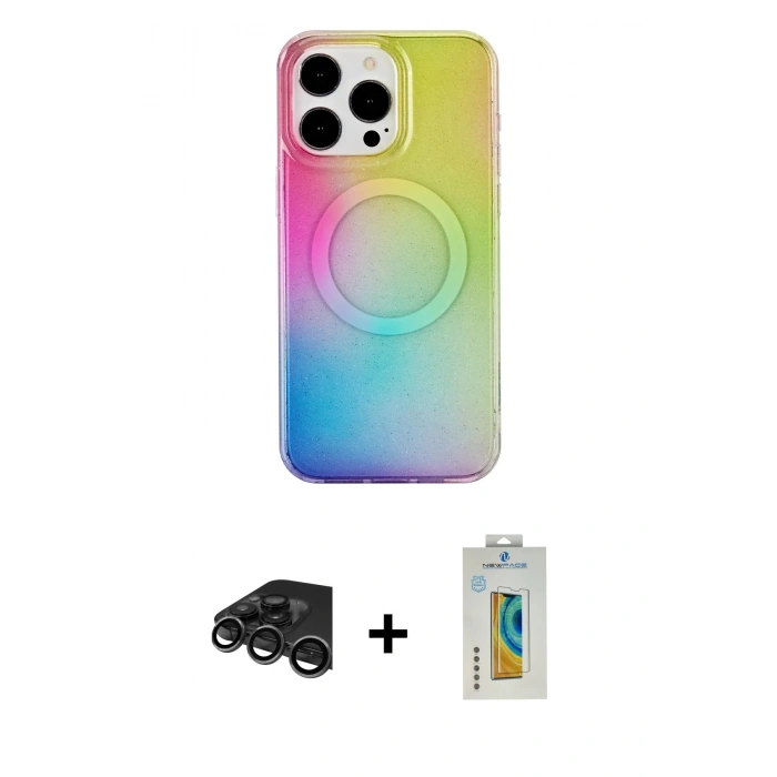 MARSİLYAN™- iPhone 15 Pro Kılıf Pusula Form - Siyah Polymer Nano Ekran Koruyucu + Raze Metal Kamera Lens - TMGI