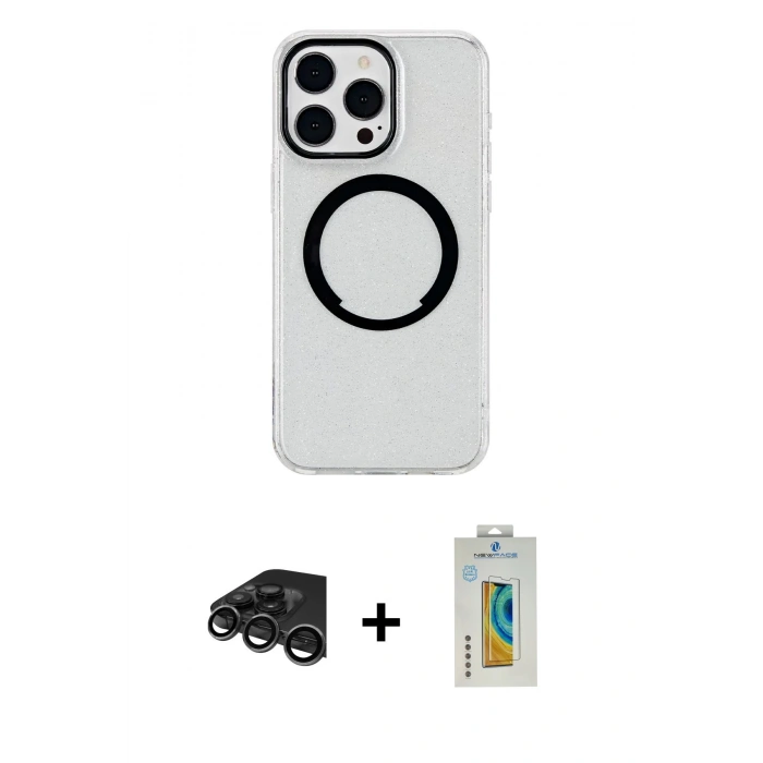MARSİLYAN™- iPhone 15 Pro Kılıf Pusula Form - Siyah Polymer Nano Ekran Koruyucu + Raze Metal Kamera Lens - TMGI