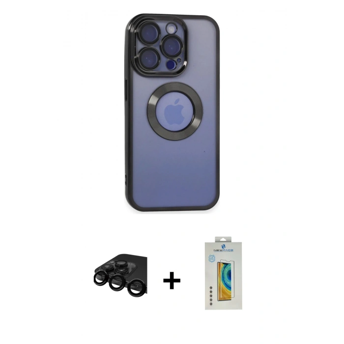 MARSİLYAN™- iPhone 15 Pro Kılıf Pusula Form - Siyah Polymer Nano Ekran Koruyucu + Raze Metal Kamera Lens - SH