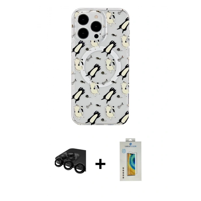 MARSİLYAN™- iPhone 15 Pro Kılıf Pusula Form - Siyah Polymer Nano Ekran Koruyucu + Raze Metal Kamera Lens - SH