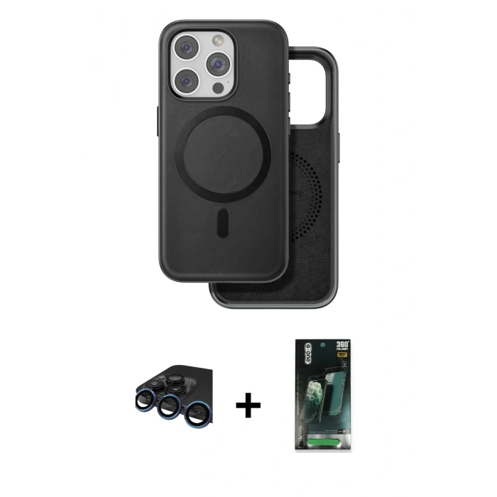 MARSİLYAN™- iPhone 15 Pro Kılıf Pusula Işık Koleksiyonu - Siyah 360 Mat Full Body Arka Koruyucu + Raze Metal Kamera Lens - LT