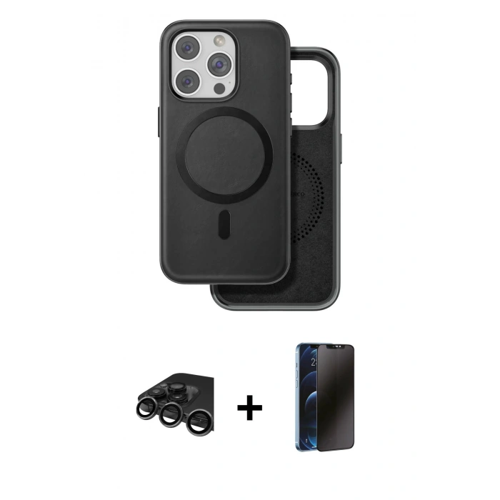 MARSİLYAN™- iPhone 15 Pro Kılıf Pusula Işık Koleksiyonu - Siyah 3D Antistatik Hayalet Cam Ekran Koruyucu + Raze Metal Kamera Lens - TMGI