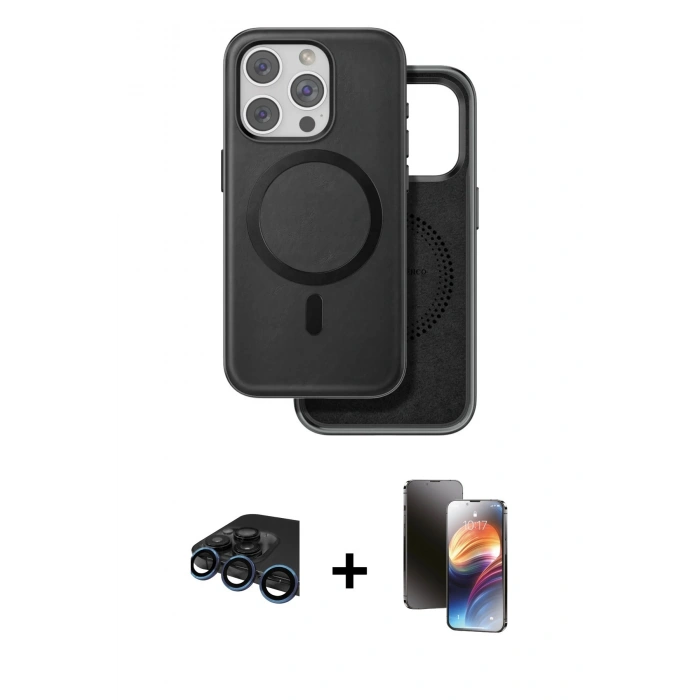 MARSİLYAN™- iPhone 15 Pro Kılıf Pusula Işık Koleksiyonu - Siyah 3D Antistatik Mat Seramik Nano Ekran Koruyucu + Raze Metal Kamera Lens - LT