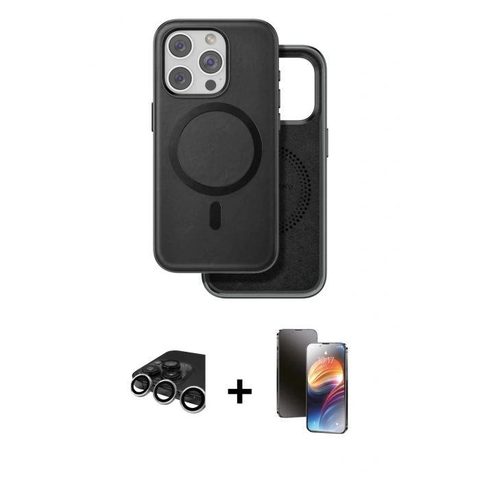 MARSİLYAN™- iPhone 15 Pro Kılıf Pusula Işık Koleksiyonu - Siyah 3D Antistatik Mat Seramik Nano Ekran Koruyucu + Raze Metal Kamera Lens - GS