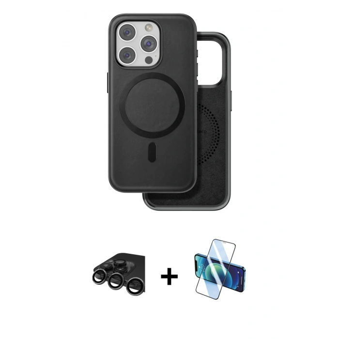 MARSİLYAN™- iPhone 15 Pro Kılıf Pusula Işık Koleksiyonu - Siyah 3D Antistatik Seramik Nano Ekran Koruyucu + Raze Metal Kamera Lens - TMGI