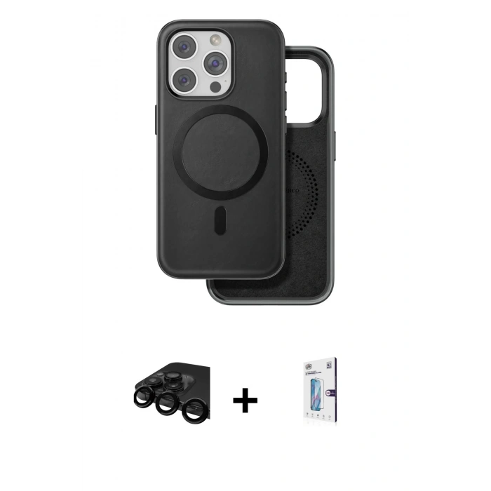 MARSİLYAN™- iPhone 15 Pro Kılıf Pusula Işık Koleksiyonu - Siyah Bilvis 0.18mm Plus Cam Ekran Koruyucu + Raze Metal Kamera Lens - SH