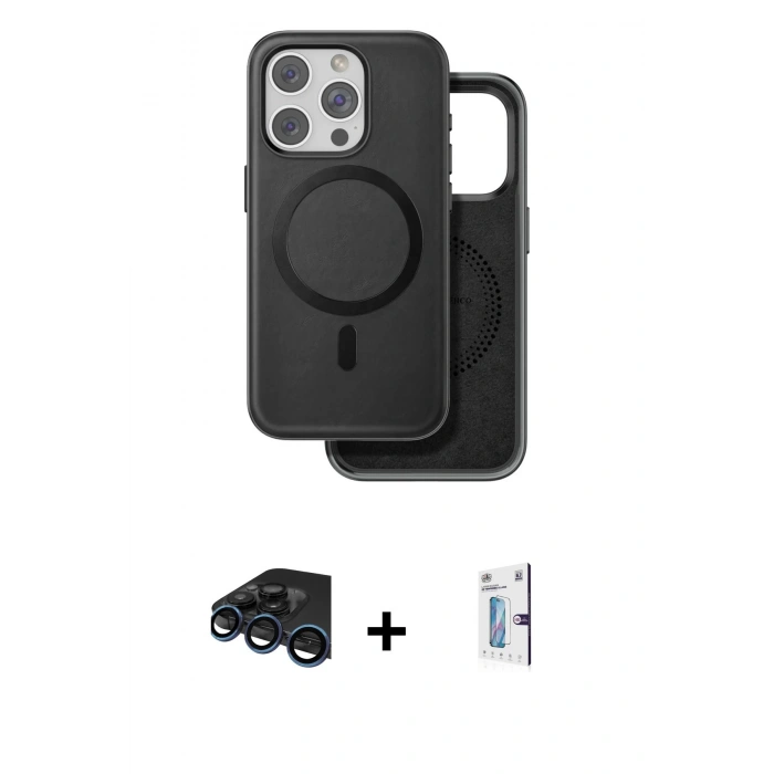 MARSİLYAN™- iPhone 15 Pro Kılıf Pusula Işık Koleksiyonu - Siyah Bilvis 0.18mm Plus Cam Ekran Koruyucu + Raze Metal Kamera Lens - LT