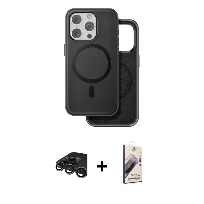 MARSİLYAN™- iPhone 15 Pro Kılıf Pusula Işık Koleksiyonu - Siyah Bilvis 3D Mat Cam Ekran Koruyucu + Raze Metal Kamera Lens - TMGI