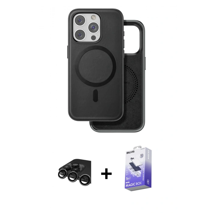 MARSİLYAN™- iPhone 15 Pro Kılıf Pusula Işık Koleksiyonu - Siyah Bilvis 5in1 5D Magic Hayalet Cam Ekran Koruyucu + Raze Metal Kamera Lens - TMGI