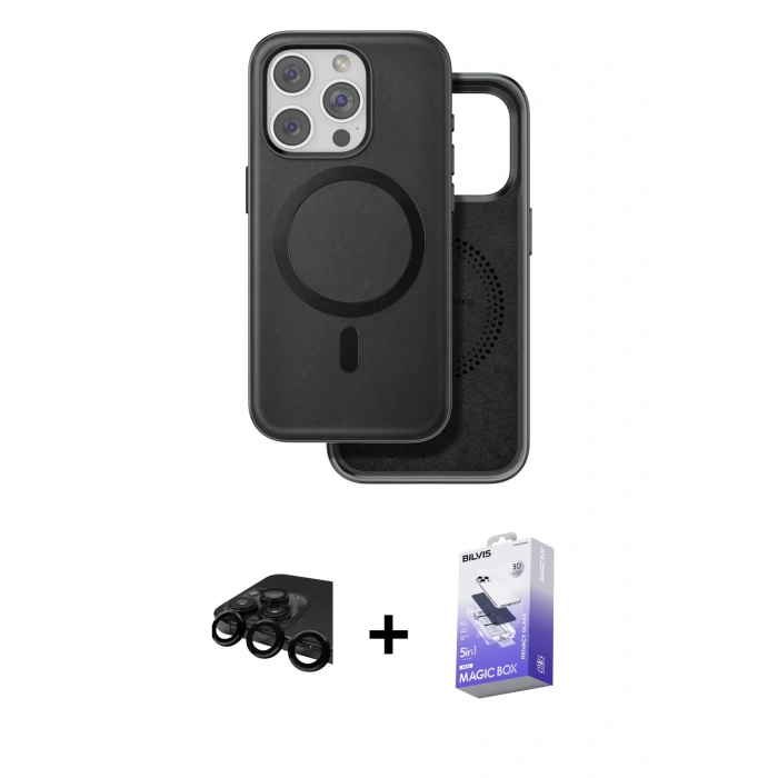 MARSİLYAN™- iPhone 15 Pro Kılıf Pusula Işık Koleksiyonu - Siyah Bilvis 5in1 5D Magic Hayalet Cam Ekran Koruyucu + Raze Metal Kamera Lens - SH