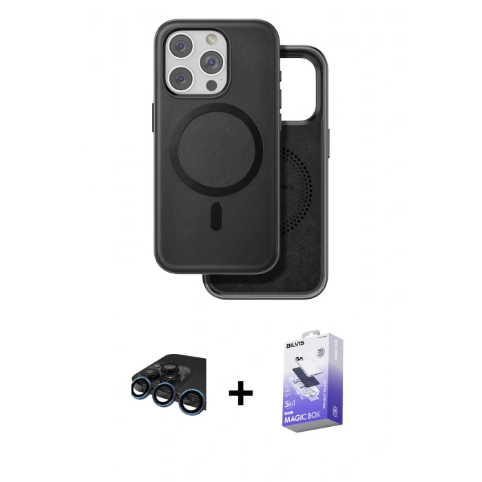 MARSİLYAN™- iPhone 15 Pro Kılıf Pusula Işık Koleksiyonu - Siyah Bilvis 5in1 5D Magic Hayalet Cam Ekran Koruyucu + Raze Metal Kamera Lens - LT