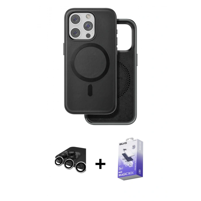 MARSİLYAN™- iPhone 15 Pro Kılıf Pusula Işık Koleksiyonu - Siyah Bilvis 5in1 5D Magic Hayalet Cam Ekran Koruyucu + Raze Metal Kamera Lens - GS