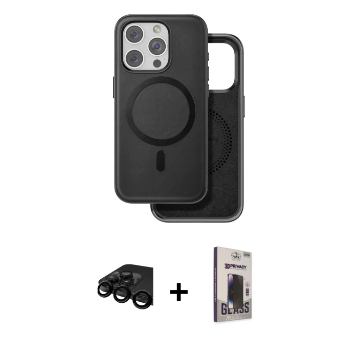 MARSİLYAN™- iPhone 15 Pro Kılıf Pusula Işık Koleksiyonu - Siyah Bilvis Hayalet Cam Ekran Koruyucu + Raze Metal Kamera Lens - SH