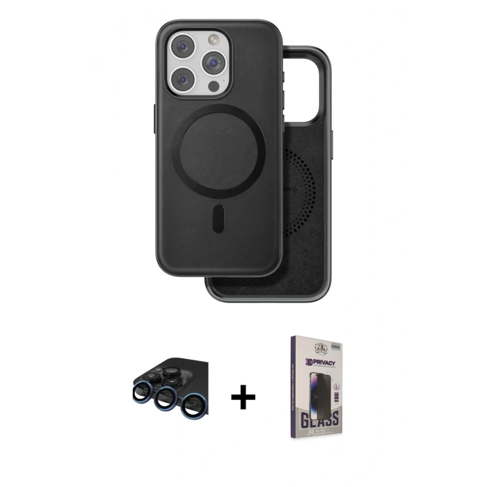 MARSİLYAN™- iPhone 15 Pro Kılıf Pusula Işık Koleksiyonu - Siyah Bilvis Hayalet Cam Ekran Koruyucu + Raze Metal Kamera Lens - LT