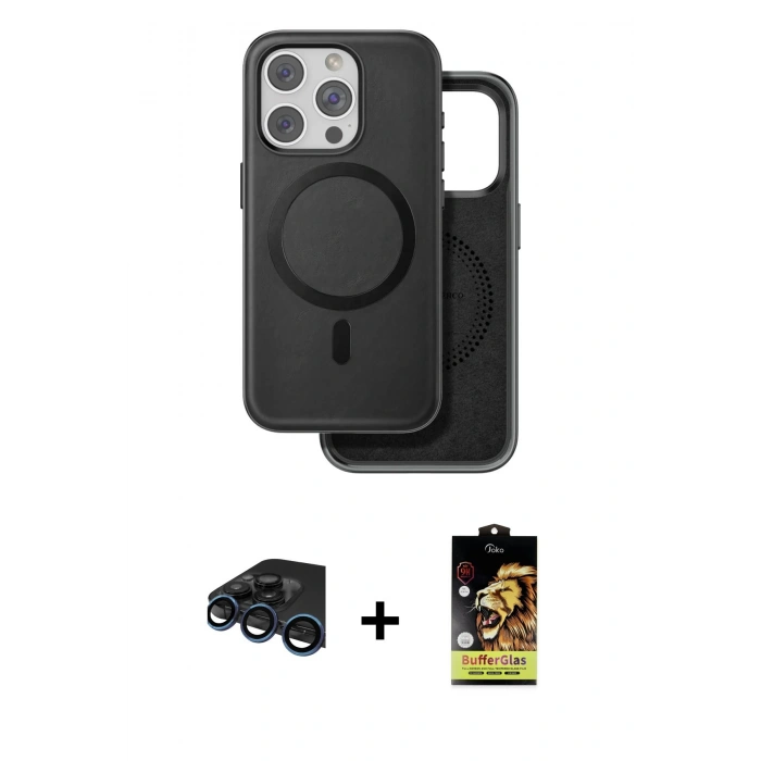 MARSİLYAN™- iPhone 15 Pro Kılıf Pusula Işık Koleksiyonu - Siyah Buffer Cam Ekran Koruyucu + Raze Metal Kamera Lens - LT