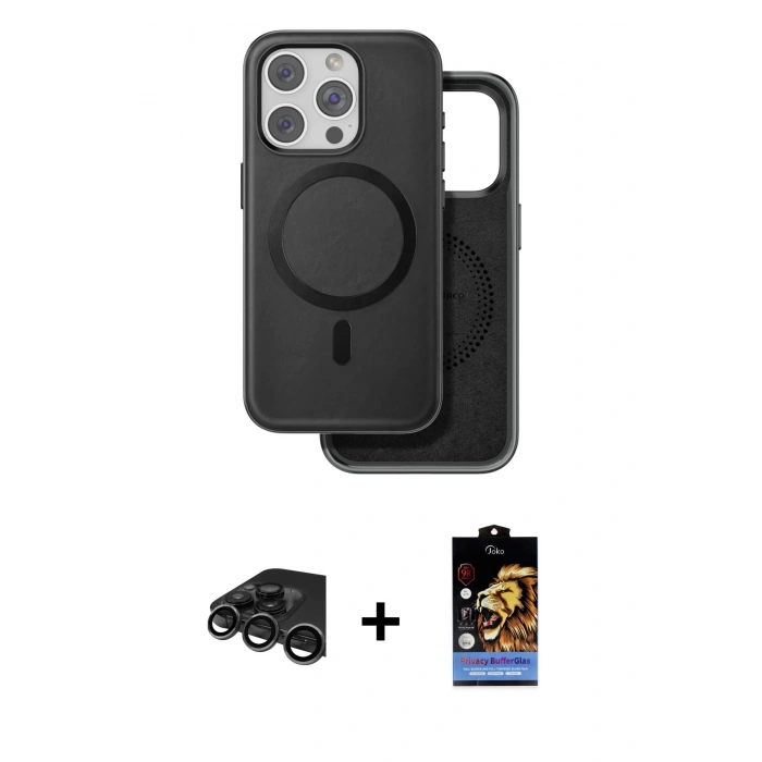 MARSİLYAN™- iPhone 15 Pro Kılıf Pusula Işık Koleksiyonu - Siyah Buffer Hayalet Cam Ekran Koruyucu + Raze Metal Kamera Lens - TMGI