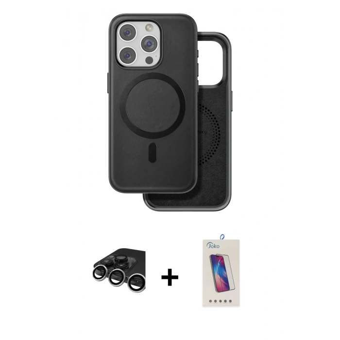 MARSİLYAN™- iPhone 15 Pro Kılıf Pusula Işık Koleksiyonu - Siyah Joko 5D Cam + Raze Metal Kamera Lens - GS