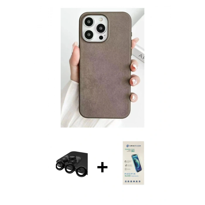 MARSİLYAN™- iPhone 15 Pro Kılıf Pusula Modern - Şeffaf Pasifik Cam Ekran Koruyucu + Raze Metal Kamera Lens - SH