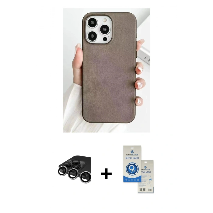 MARSİLYAN™- iPhone 15 Pro Kılıf Pusula Modern - Şeffaf Royal Nano Ekran Koruyucu + Raze Metal Kamera Lens - GS