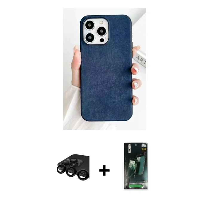 MARSİLYAN™- iPhone 15 Pro Kılıf Pusula Modern - Siyah 360 Mat Full Body Arka Koruyucu + Raze Metal Kamera Lens - SH