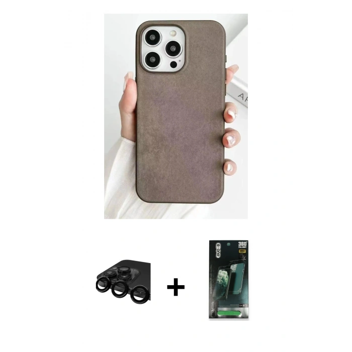 MARSİLYAN™- iPhone 15 Pro Kılıf Pusula Modern - Siyah 360 Mat Full Body Arka Koruyucu + Raze Metal Kamera Lens - SH