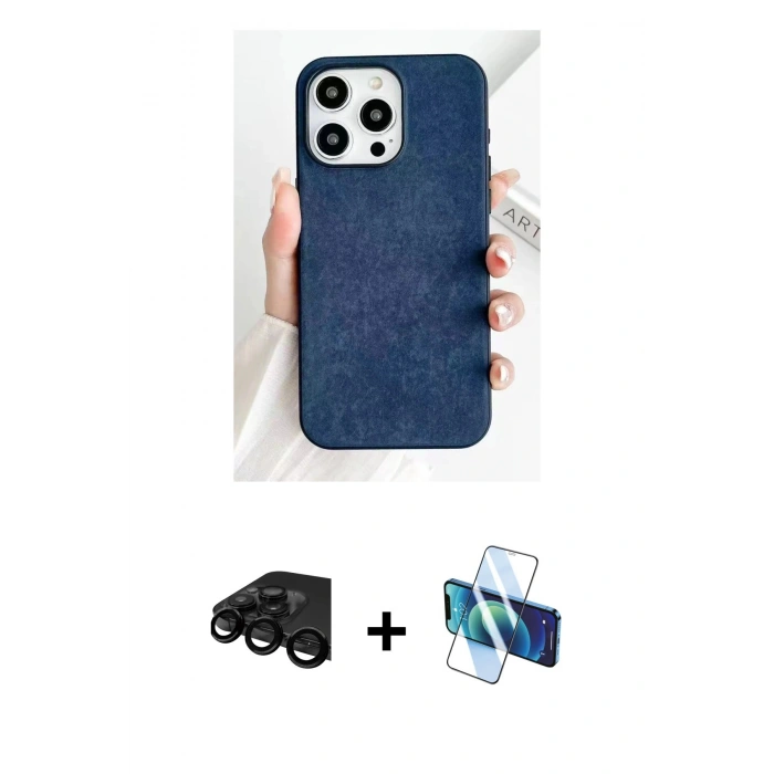 MARSİLYAN™- iPhone 15 Pro Kılıf Pusula Modern - Siyah 3D Antistatik Cam Ekran Koruyucu + Raze Metal Kamera Lens - SH