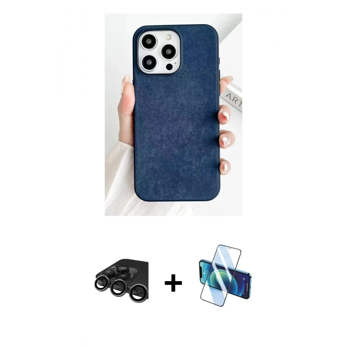 MARSİLYAN™- iPhone 15 Pro Kılıf Pusula Modern - Siyah 3D Antistatik Cam Ekran Koruyucu + Raze Metal Kamera Lens - TMGI
