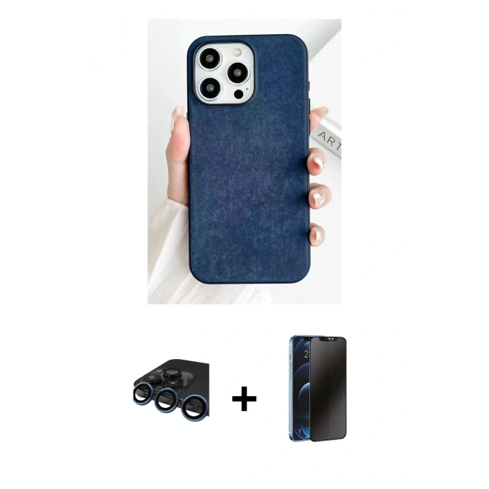 MARSİLYAN™- iPhone 15 Pro Kılıf Pusula Modern - Siyah 3D Antistatik Hayalet Cam Ekran Koruyucu + Raze Metal Kamera Lens - LT