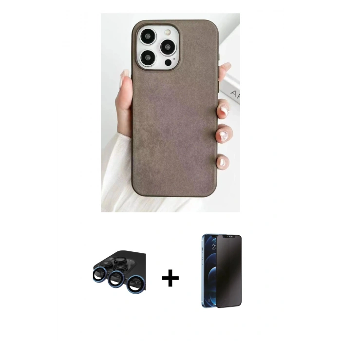 MARSİLYAN™- iPhone 15 Pro Kılıf Pusula Modern - Siyah 3D Antistatik Hayalet Cam Ekran Koruyucu + Raze Metal Kamera Lens - LT