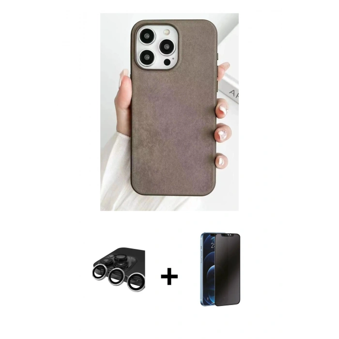 MARSİLYAN™- iPhone 15 Pro Kılıf Pusula Modern - Siyah 3D Antistatik Hayalet Cam Ekran Koruyucu + Raze Metal Kamera Lens - GS