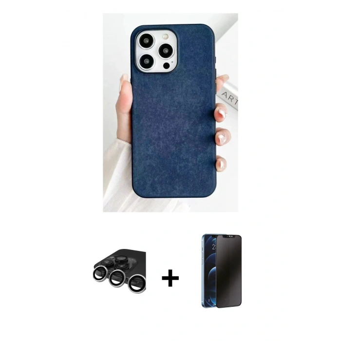 MARSİLYAN™- iPhone 15 Pro Kılıf Pusula Modern - Siyah 3D Antistatik Hayalet Cam Ekran Koruyucu + Raze Metal Kamera Lens - GS