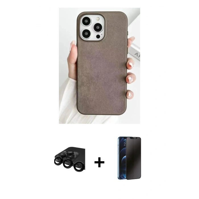 MARSİLYAN™- iPhone 15 Pro Kılıf Pusula Modern - Siyah 3D Antistatik Hayalet Cam Ekran Koruyucu + Raze Metal Kamera Lens - SH