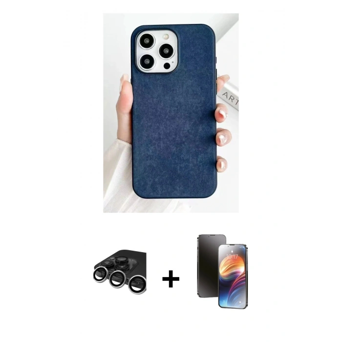 MARSİLYAN™- iPhone 15 Pro Kılıf Pusula Modern - Siyah 3D Antistatik Mat Seramik Nano Ekran Koruyucu + Raze Metal Kamera Lens - GS