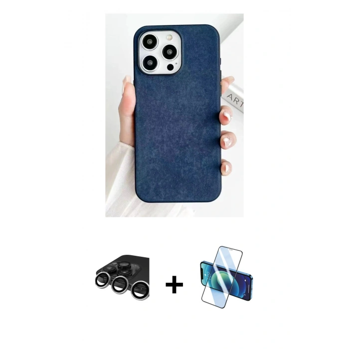 MARSİLYAN™- iPhone 15 Pro Kılıf Pusula Modern - Siyah 3D Antistatik Seramik Nano Ekran Koruyucu + Raze Metal Kamera Lens - GS