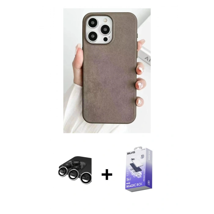MARSİLYAN™- iPhone 15 Pro Kılıf Pusula Modern - Siyah Bilvis 5in1 5D Magic Hayalet Cam Ekran Koruyucu + Raze Metal Kamera Lens - GS