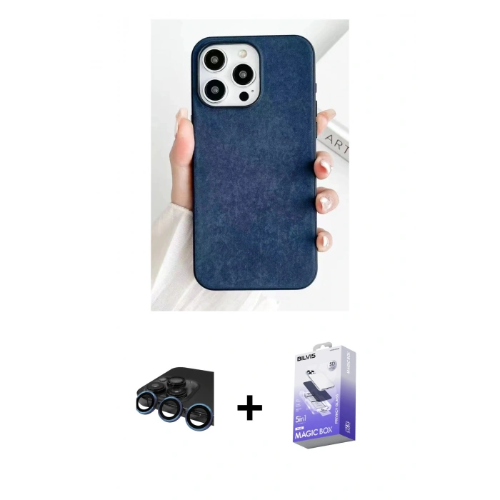 MARSİLYAN™- iPhone 15 Pro Kılıf Pusula Modern - Siyah Bilvis 5in1 5D Magic Hayalet Cam Ekran Koruyucu + Raze Metal Kamera Lens - LT