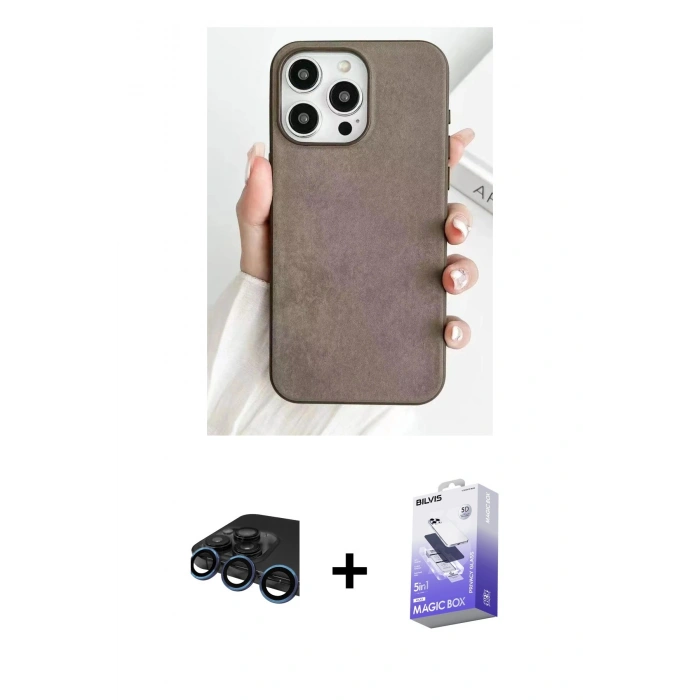 MARSİLYAN™- iPhone 15 Pro Kılıf Pusula Modern - Siyah Bilvis 5in1 5D Magic Hayalet Cam Ekran Koruyucu + Raze Metal Kamera Lens - LT