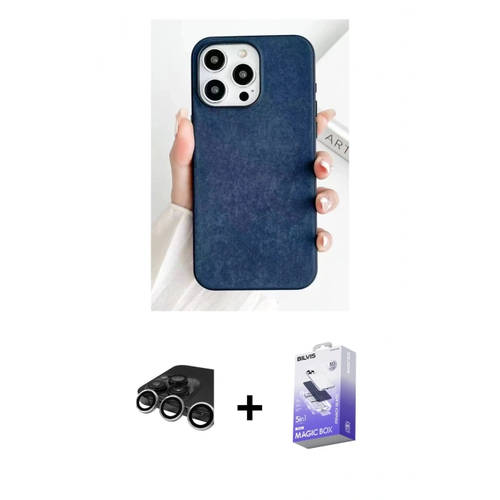 MARSİLYAN™- iPhone 15 Pro Kılıf Pusula Modern - Siyah Bilvis 5in1 5D Magic Hayalet Cam Ekran Koruyucu + Raze Metal Kamera Lens - GS