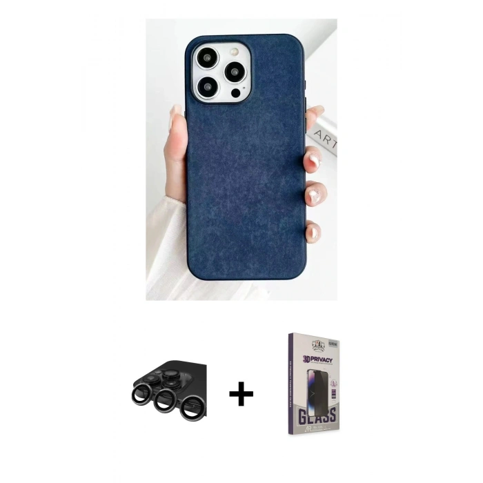 MARSİLYAN™- iPhone 15 Pro Kılıf Pusula Modern - Siyah Bilvis Hayalet Cam Ekran Koruyucu + Raze Metal Kamera Lens - TMGI