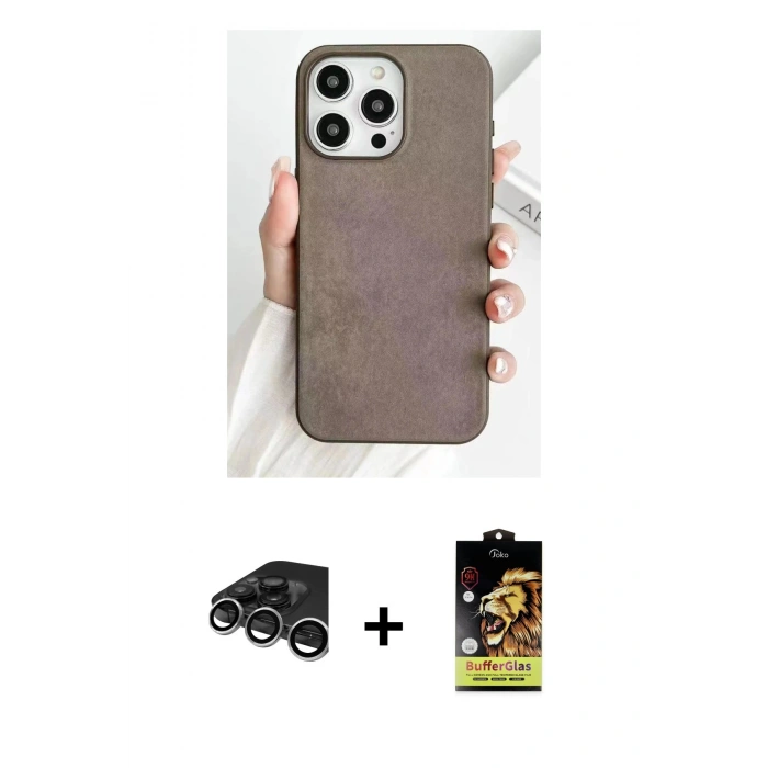MARSİLYAN™- iPhone 15 Pro Kılıf Pusula Modern - Siyah Buffer Cam Ekran Koruyucu + Raze Metal Kamera Lens - GS