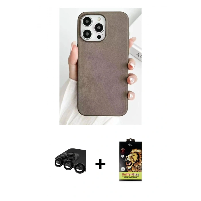 MARSİLYAN™- iPhone 15 Pro Kılıf Pusula Modern - Siyah Buffer Cam Ekran Koruyucu + Raze Metal Kamera Lens - SH