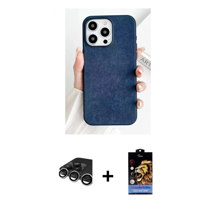MARSİLYAN™- iPhone 15 Pro Kılıf Pusula Modern - Siyah Buffer Hayalet Cam Ekran Koruyucu + Raze Metal Kamera Lens - GS