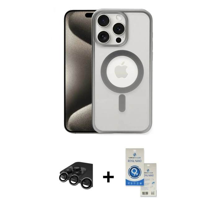 MARSİLYAN™- iPhone 15 Pro Kılıf Siluet Çizgi Serisi - Şeffaf Royal Nano Ekran Koruyucu + Raze Metal Kamera Lens - TMGI