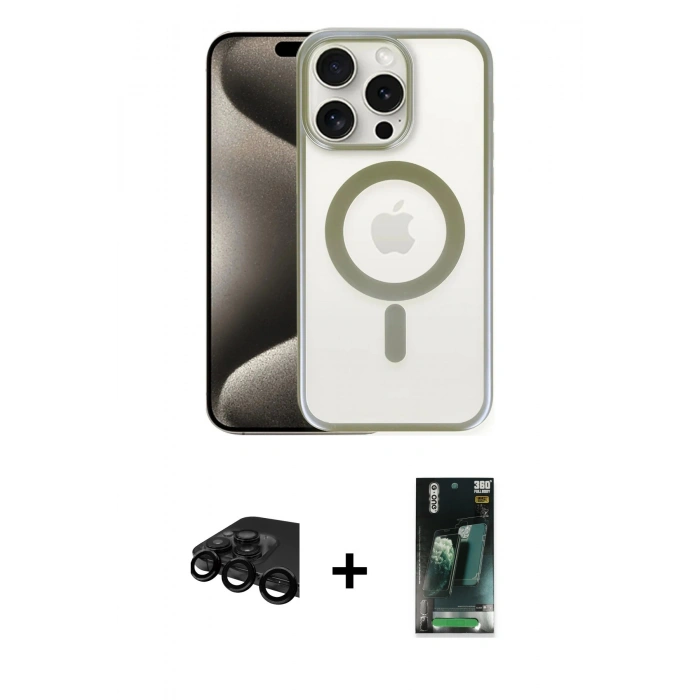 MARSİLYAN™- iPhone 15 Pro Kılıf Siluet Çizgi Serisi - Siyah 360 Mat Full Body Arka Koruyucu + Raze Metal Kamera Lens - SH