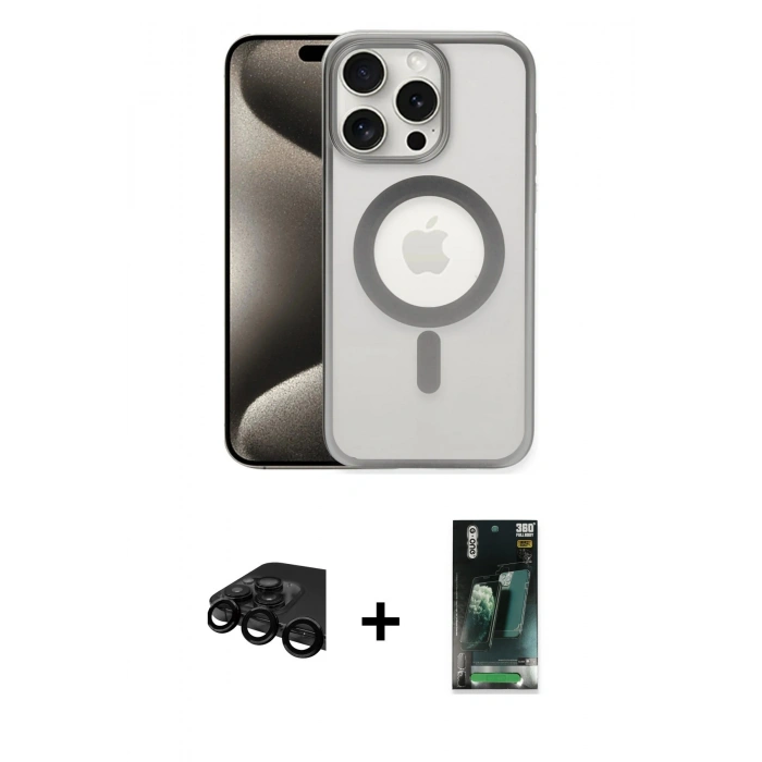 MARSİLYAN™- iPhone 15 Pro Kılıf Siluet Çizgi Serisi - Siyah 360 Mat Full Body Arka Koruyucu + Raze Metal Kamera Lens - SH