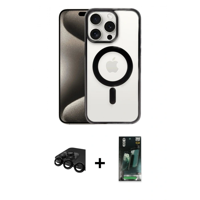MARSİLYAN™- iPhone 15 Pro Kılıf Siluet Çizgi Serisi - Siyah 360 Mat Full Body Arka Koruyucu + Raze Metal Kamera Lens - SH