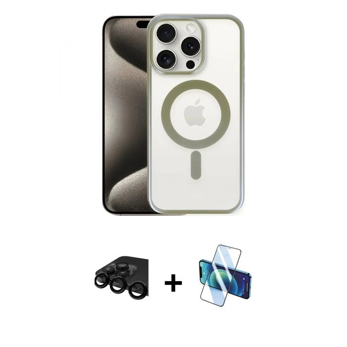 MARSİLYAN™- iPhone 15 Pro Kılıf Siluet Çizgi Serisi - Siyah 3D Antistatik Cam Ekran Koruyucu + Raze Metal Kamera Lens - SH