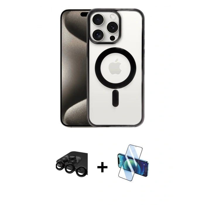 MARSİLYAN™- iPhone 15 Pro Kılıf Siluet Çizgi Serisi - Siyah 3D Antistatik Cam Ekran Koruyucu + Raze Metal Kamera Lens - SH