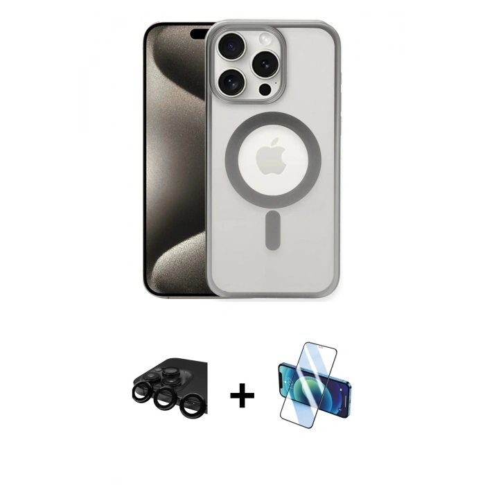 MARSİLYAN™- iPhone 15 Pro Kılıf Siluet Çizgi Serisi - Siyah 3D Antistatik Cam Ekran Koruyucu + Raze Metal Kamera Lens - SH