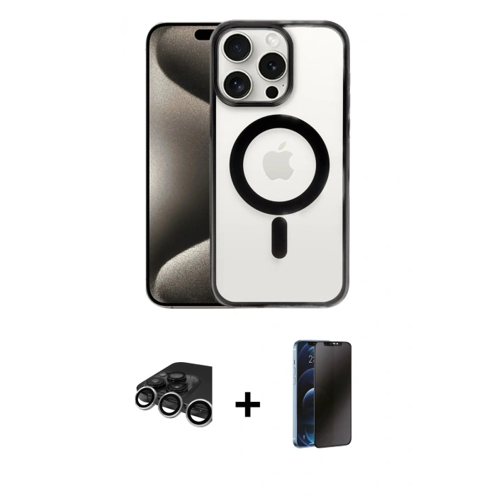 MARSİLYAN™- iPhone 15 Pro Kılıf Siluet Çizgi Serisi - Siyah 3D Antistatik Hayalet Cam Ekran Koruyucu + Raze Metal Kamera Lens - GS